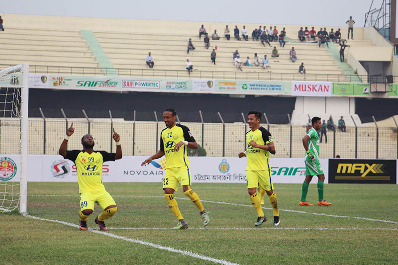 Laxmi Hyundai Manang Marshyangdi Clubu2019s Afeez Olawale Oladipo (left) celebrates with teammates after scoring a goal against Mohammedan Sporting Club during their Sheikh Kamal International Club Cup match at the MA Aziz Stadium in Chittagong on Sunday, February 19, 2017. Photo courtesy: NSJF