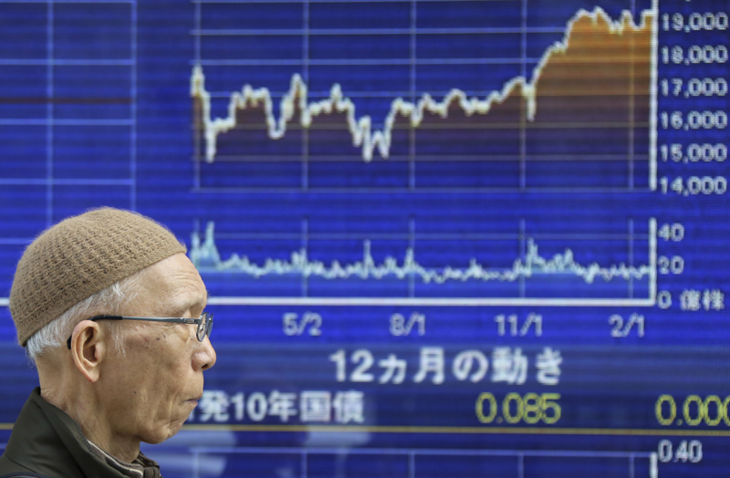 A man walks by an electronic stock board of a securities firm in Tokyo, Monday, Feb. 20, 2017. Photo: AP