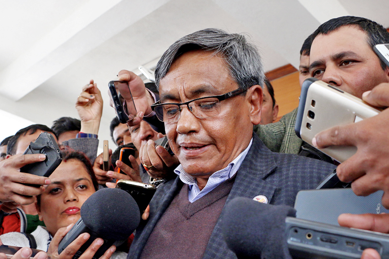 Minister for Information and Communications Surendra Kumar Karki briefs mediapersons after the meeting of the Council of Ministers, at the Office of the Prime Minister and Council of Ministers, in Singha Durbar, Kathmandu, on Monday, February 20, 2017. Photo: RSS