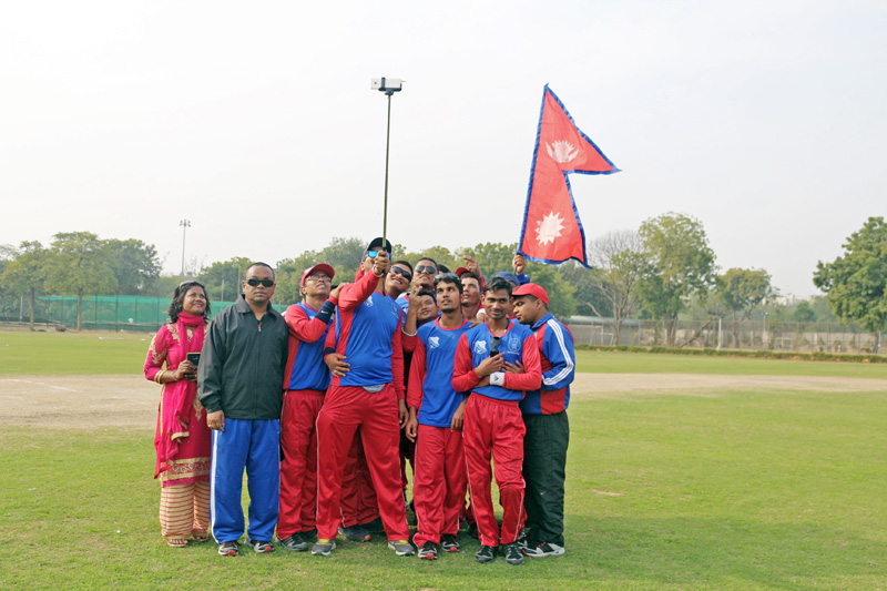 Team Nepal players pose for a selfie after defeating South Africa at T20 World Cup for Blind in New Delhi on Thursday, February 2, 2017. Photo: THT