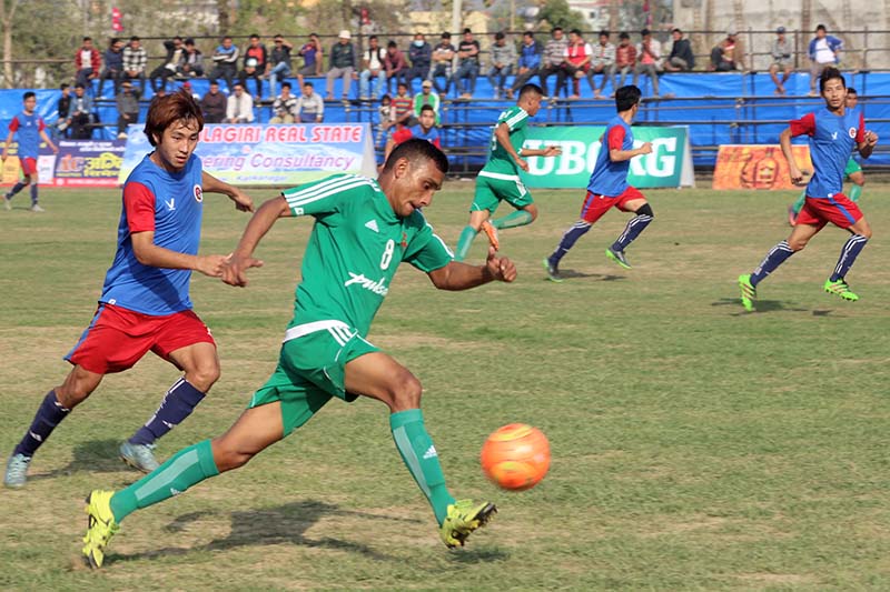 TAC's Tanka Basnet dribbles the ball against Sikkim United during their 19th Tilottama Gold Cup match in Butwal on Friday, February 24, 2017. Photo Courtesy: Manoj Thapa