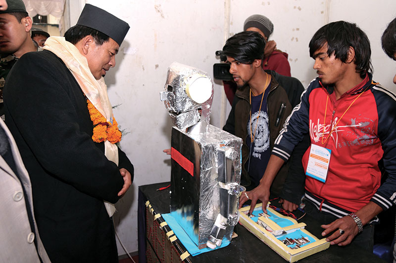 Vice-president Nanda Bahadur Pun inspecting a science exhibition organised at a college, in Kathmandu, on Thursday, February 2, 2017. Photo: RSS