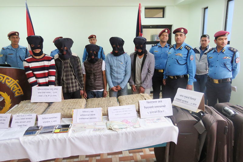 Police make public five teens allegedly involved in smuggling of marijuana in Biratnagar, on Friday, February 17, 2017. Photo: RSS