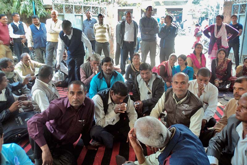 Health workers stage a sit-in at the District Public Health Office in Rajbiraj on Friday, February 17, 2017. Photo: Byas Shankhar Upadhyaya/THT