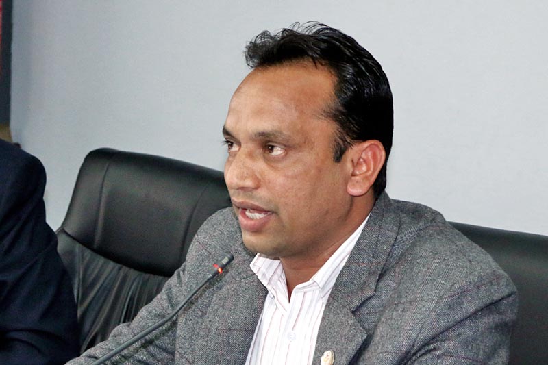 Minister for Law and Parliamentary Affairs Ajaya Shankar Nayak informs media about the constitution implementation at the Ministry in Singha Durbar, Kathmandu, on Tuesday, March 21, 2017. Photo: RSS