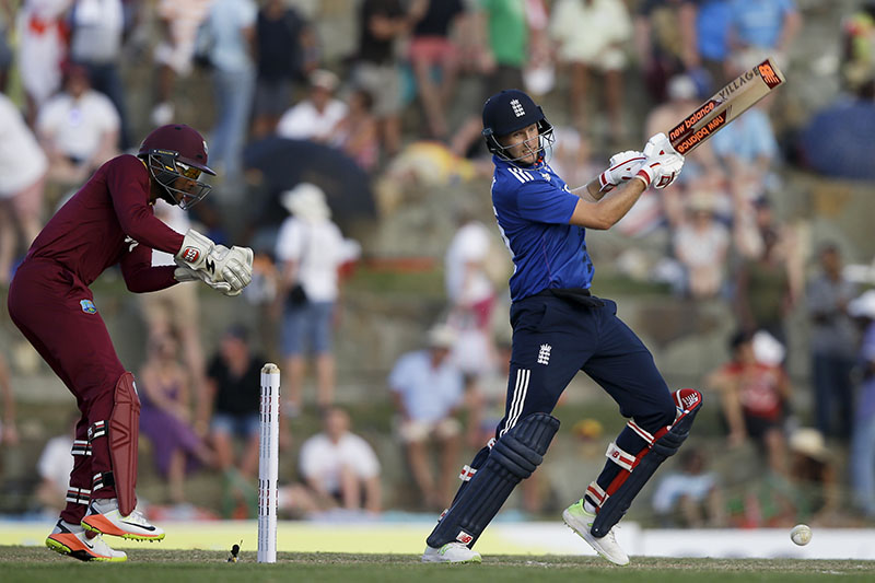 England's Joe Root plays a shot during the second one day international cricket match against West Indies at the Sir Vivian Richards Stadium in North Sound, Antigua, on Sunday, March 5, 2017. Photo: AP