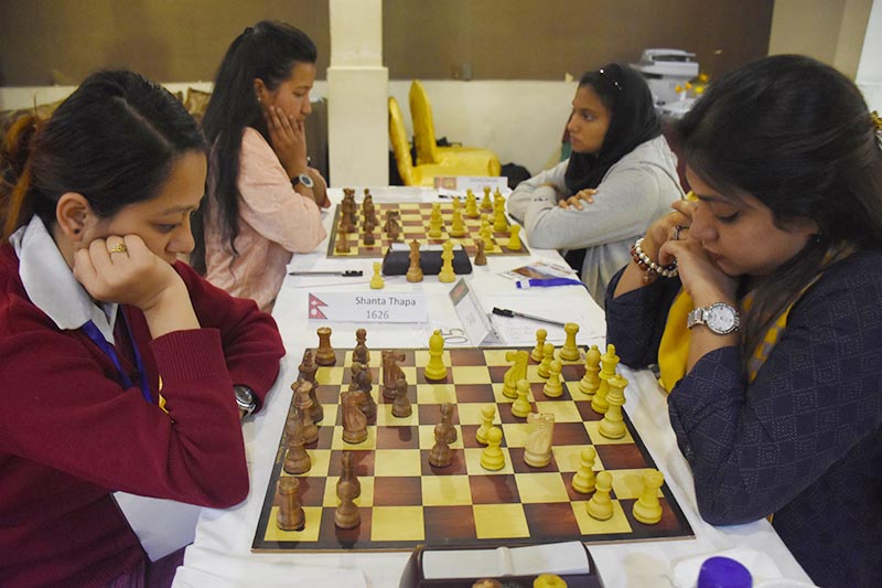 Nepalu2019s Shanta Thapa (left) and Bangladeshu2019s WCM Mahmuda Hoque ponder their moves during the third round match of Asian Central Zone Chess Championship in Kathmandu on Tuesday, March 21, 2017. Photo: THT