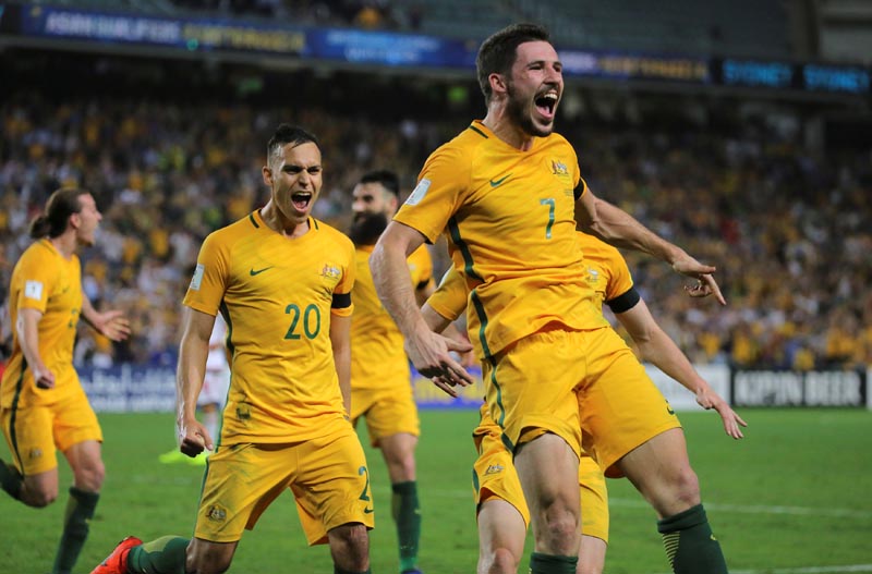 Australia's Mathew Leckie celebrates his goal against UAE. Photo: Reuters