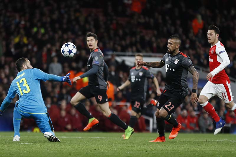 Bayern Munich's Arturo Vidal scores their fourth goal against Arsenal in the UEFA Champions League Round of 16 Second Leg at the Emirates Stadium, London on Tuesday, March 7, 2017. Photo: Reuters