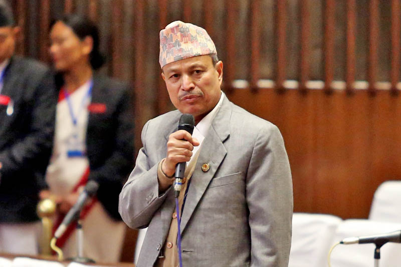 CPN-UML lawmaker Bhim Rawal demands a clearification from the government about recent violent incidents in Saptari and Kanchanpur districts at the Parliament meeting, in Kathmandu, on Friday, March 10, 2017. Photo: RSS