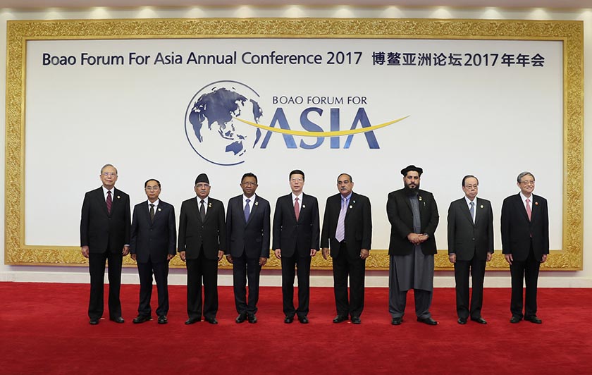 Chinese Vice Premier Zhang Gaoli (C) poses for a group photo with guests and foreign leaders, including Nepal's Prime Minister Pushpa Kamal Dahal (3rd from left), before the opening ceremony of the Boao Forum for Asia Annual Conference 2017 in Boao, south China's Hainan Province, March 25, 2017. Photo: Xinhua/RSS