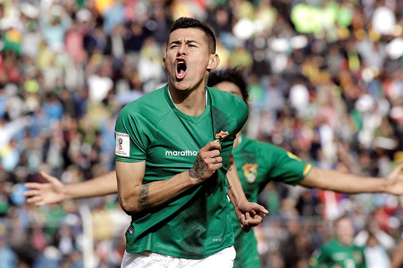 Bolivia's Juan Carlos Arce celebrates after scoring a goal against Argentina in the World Cup 2018 Qualifiers at the Hernando Siles stadium, in La Paz, Bolivia on March 28, 2017. Photo: Reuters