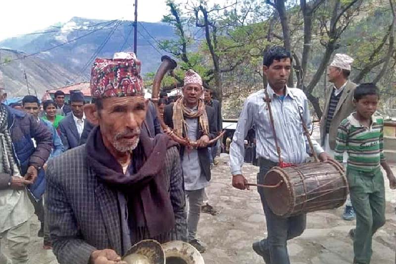 Locals play traditional musical instruments to celebrate the formation of Budhinanda Municipality in Kolti of Bajura district on Wednesday, March 22, 2017. Photo: Prakash Singh