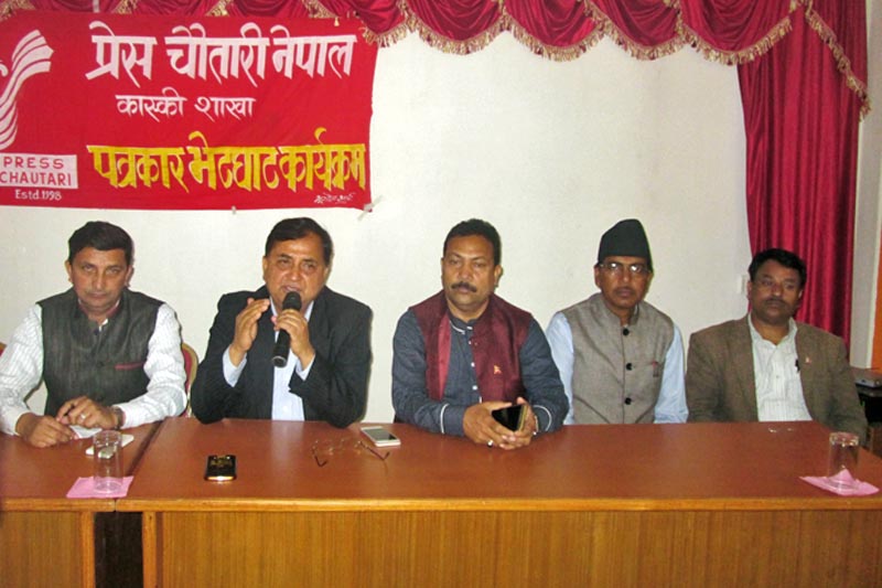 CPN-UML leader Ishwor Pokharel speaking at a press meet in Pokhara on  March 26, 2017: Photo: Rishi Ram Baral