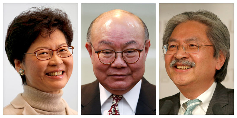 (L-R) A combo of resigned Chief Secretary Carrie Lam, retired judge Woo Kwok-hing and resigned Financial Secretary John Tsang, during separate news conferences in Hong Kong  on January 16, 2017, October 27, 2016 and January 19, 2017, announcing their run for Chiief Executive. Photo: Reuters