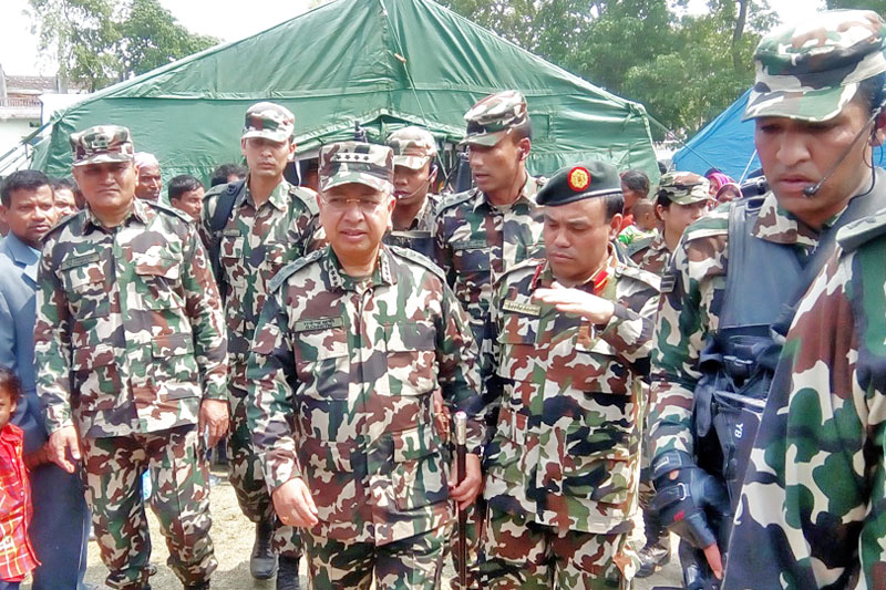 Chief of Army staff Rajendra Chhetri observes a health camp jointly organised by the Ministry of Health and the Nepal Army in Gaur of Rautahat district, on Thursday, March 23, 2017. Photo: Prabhat Kumar Jha