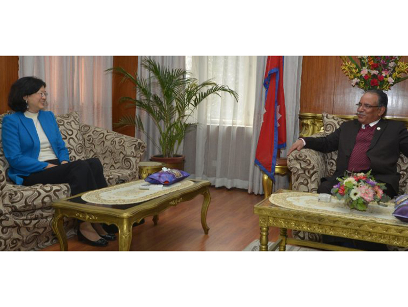Chinese Ambassador to Nepal Yu Hong holds a meeting with Prime Minister Pushpa Kamal Dahal, in Kathmandu, on Tuesday, February 28, 2017. Photo: PM's Secretariat