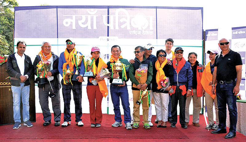 Winners of the second Nayapatrika Corporate Golf Cup pose for a group photo with officials at the Gokarna Golf Club in Kathmandu on Saturday, March 04, 2017. Photo: THT