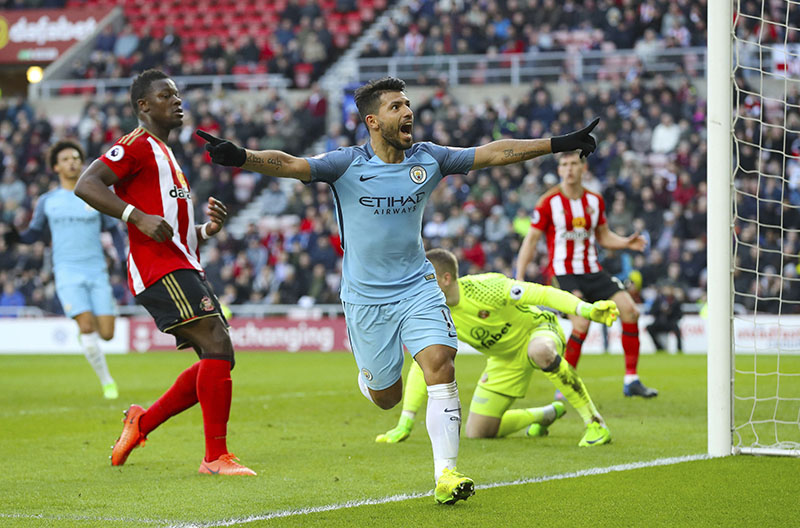 Manchester City's Sergio Aguero celebrates scoring his side's first goal of the game during the Premier League soccer match between Sunderland and Manchester City at the Stadium of Light, Sunderland, England, on Sunday, March 5, 2017. Photo: Owen Humphreys/PA via AP