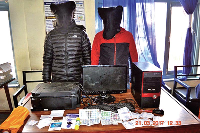 Men arrested for selling fake driving licences being made public at Metropolitan Police Range, Jawalakhel, in Lalitpur, on Wednesday, March 22, 2017. Photo: THT