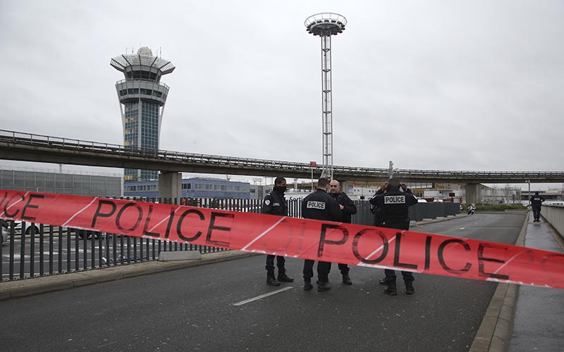 Police officers cordon off the access to the Orly airport, south of Paris, on Saturday, March, 18, 2017. Photo: AP