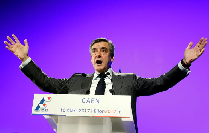 Francois Fillon, former French Prime Minister, member of the Republicans political party and 2017 presidential election candidate of the French centre-right delivers a speech at a campaign rally in Caen north-western France, on March 16, 2017. Photo: Reuters