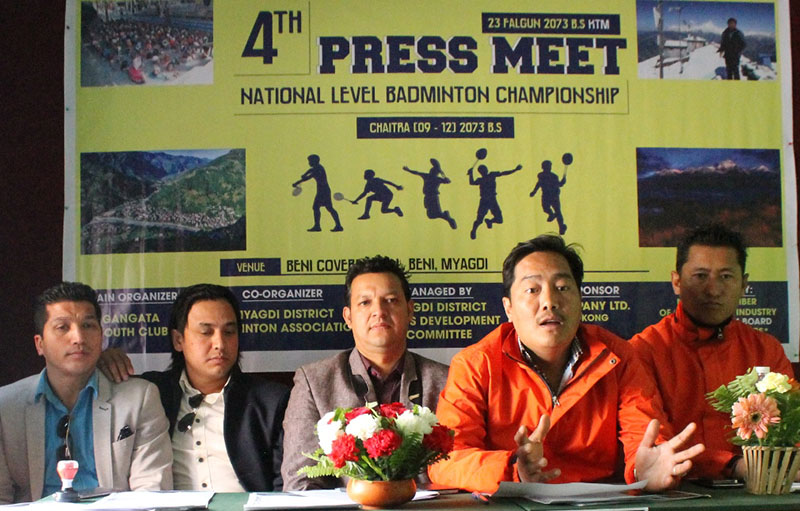 Gangata Youth Club President Resham Pun (second from right) gestures as other officials look on during a press meet in Kathmandu on Monday, March 6, 2017. Photo: THT