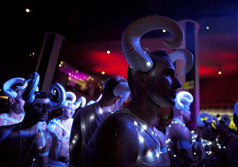Participants in the annual Sydney Gay and Lesbian Mardi Gras festival featuring plastic rams horns as part of their outfit in Sydney, Australia, on March 4, 2017. Photo: Reuters