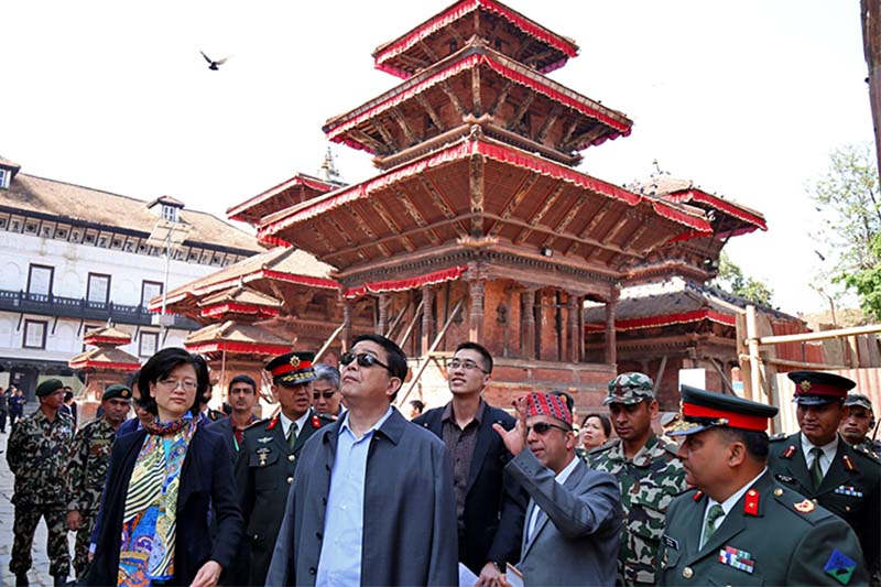 Chinese Defence Minister and State Councilor, General Chang observing various monuments at Basantapur Durbar Square, a world Heritage site in Kathmandu, on Saturday, March 25, 2017. Photo: RSS