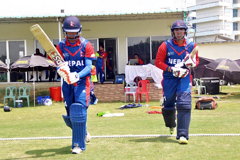 Nepal's opening batsmen walk to bat against Hong Kong during the ACC Emerging Teams Cup in Bangladesh, on Thursday, March 30, 2017. Courtesy: Raman Shiwakoti