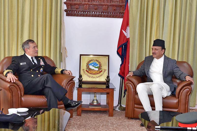 Visiting US Pacific Command Admiral Harry B Harris calls on Nepal's Foreign Minister Prakash Sharan Mahat at the latter's office in Singha Durbar, Kathmandu, on Tuesday, March 21, 2017. Photo: RSS