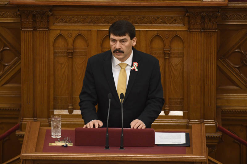 Hungarian President Janos Ader delivers his speech during the plenary session of the unicameral Hungarian Parliament in Budapest, Hungary, Monday, March 13, 2017. Photo: AP