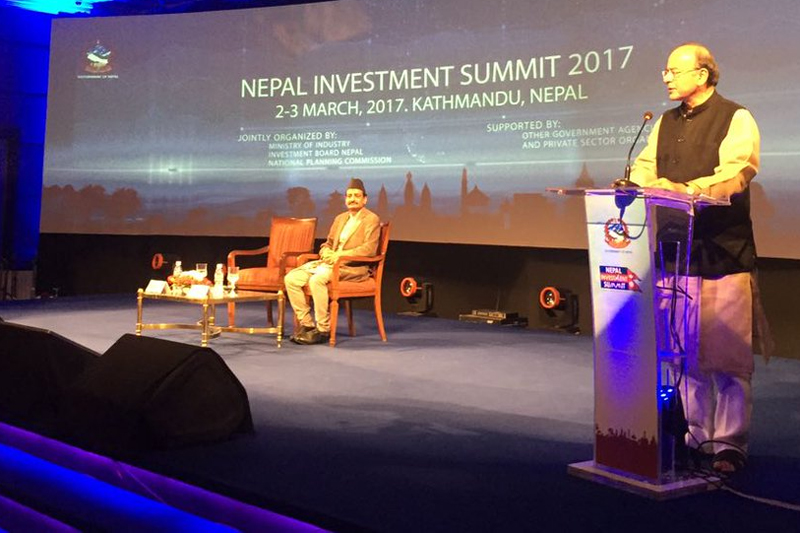 Indian Finance Minister Arun Jaitley addresses the Nepal Investment Summit in Kathmandu, on Thursday, March 2, 2017. Photo: Indian Embassy in Kathmandu/Twitter