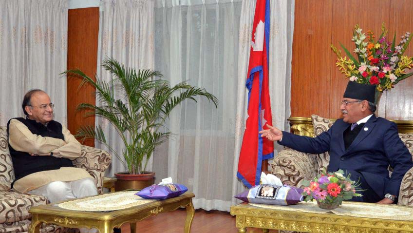 Indian Finance Minister Arun Jaitley meets Prime Minister Pushpa Kamal Dahal at the PM's residence in Baluwatar, on Thursday, March 2, 2017. Photo: PM's Secretariat