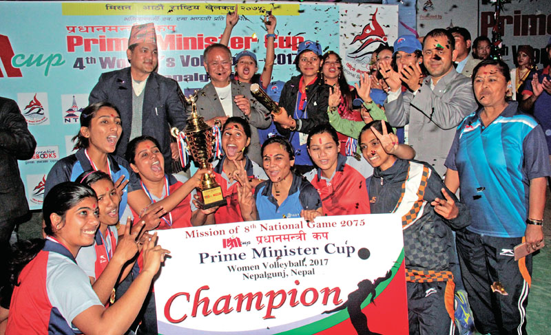 Indian Railway Volleyball team members celebrate with officials after winning the fourth PM Cup Womenu0092s Volleyball Tournament at the Nepalgunj Stadium covered hall on Wednesday, March 1, 2017. Photo: THT