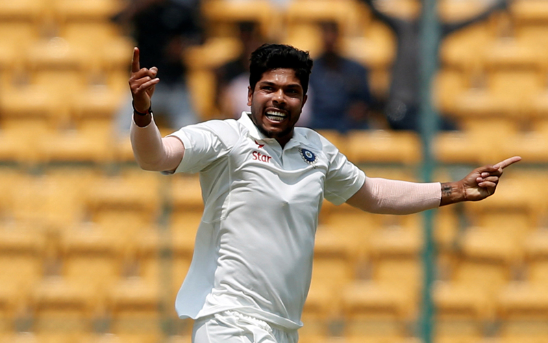 India's Umesh Yadav celebrates the wicket of Australia's captain Steven Smith. Photo: Reuters