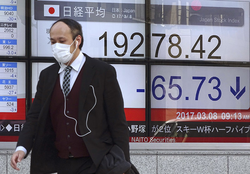 A man walks by an electronic stock board of a securities firm in Tokyo, on Wednesday, March 8, 2017. Photo: AP