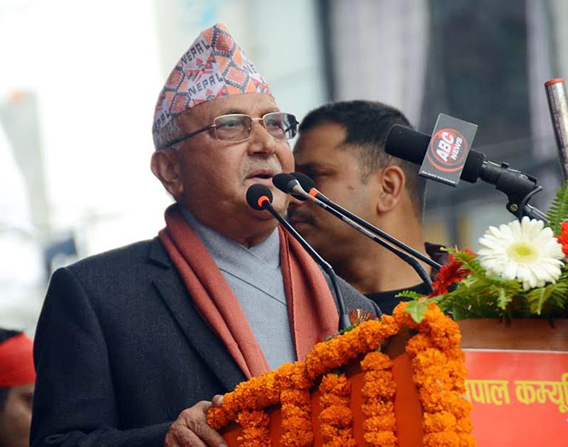 CPN-UML Chairman KP Sharma Oli addressing a mass gathering organised  in Chipledhunga by UML Pokhara on March 31, 2017. Photo: RSS