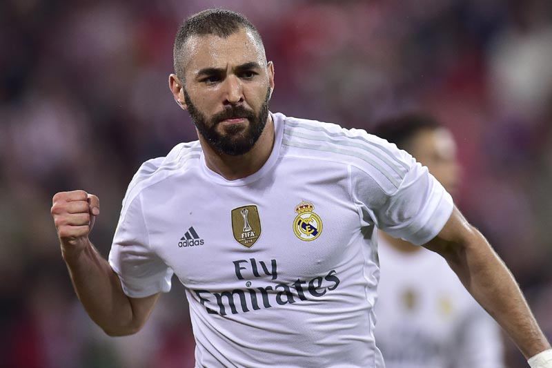 FILE - In this Wednesday, Sept. 23, 2015 file photo, Real Madrid's Karim Benzema of France celebrates after scoring against Athletic Bilbao during their Spanish La Liga soccer match, at San Mames stadium in Bilbao, northern Spain. Photo: AP