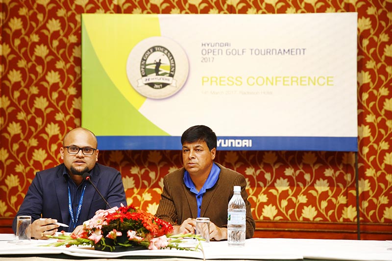 Senior Manager-Brand of Laxmi Intercontinental Awashish Ojha (left) speaks as Senior Golf Director of Gokarna Forest Resort Deepak Acharya looks on during a press meet in Kathmandu on Tuesday, March 15, 2017. Photo: Skanda Gautam/THT