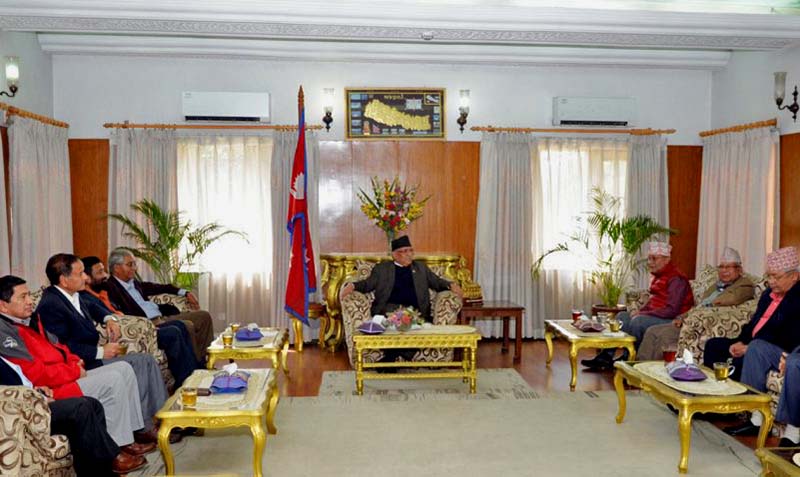 Leaders of the major three parties in a meeting called by Prime Minister Pushpa Kamal Dahal at his residence, in Baluwatar, on Wednesday, March 8, 2017. Photo Courtesy: PM's Secretariat