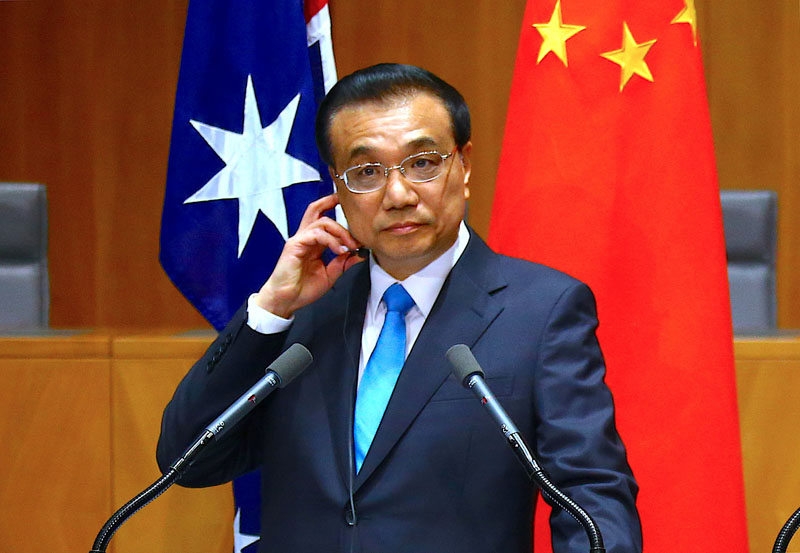 Chinese Premier Li Keqiang reacts during a media conference at Parliament House in Canberra, Australia, on March 24, 2017. Photo: Reuters