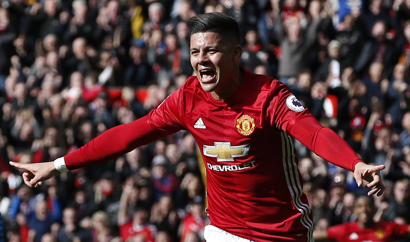 Manchester United's Marcos Rojo celebrates scoring their first goal. Photo: Reuters