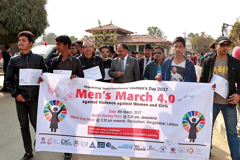 Men participate in a rally to show solidarity with women on the occasion of 107th International Women's Day in Lalitpur, on Wednesday, March 8, 2017. Photo Courtesy: Yuwalaya