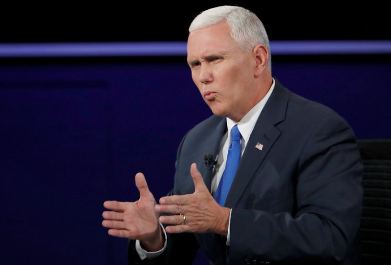 File - Republican US vice presidential nominee Governor Mike Pence speaks during his debate against Democratic US vice presidential nominee Senator Tim Kaine (not shown) at Longwood University in Farmville, Virginia, US on October 4, 2016. Photo: Reuters