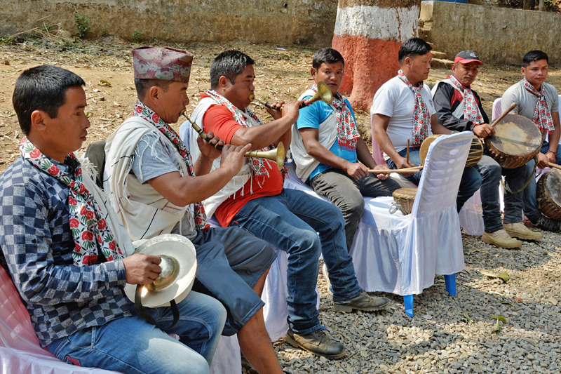 Members of the Magar community play traditional musical instruments (Naumati baja) in Bhakunde of Baglung district, on Friday, March 3, 2017. Photo: RSS