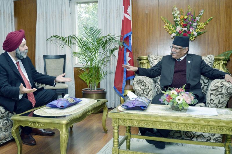 The newly appointed Indian Ambassador to Nepal Manjeev Singh Puri pays a courtesy call on Prime Minister Pushpa Kamal Dahal in Baluwatar, Kathmandu on Thursday, March 30, 2016. Photo: RSS