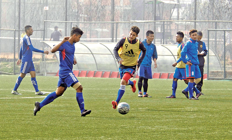 Nepal National football team member in action during a training session at the ANFA complex in Lalitpur on Sunday, March 19, 2017, ahead of their AFC Asian Cup Qualifiers match against the Philippines slated for March 28 in Manila.