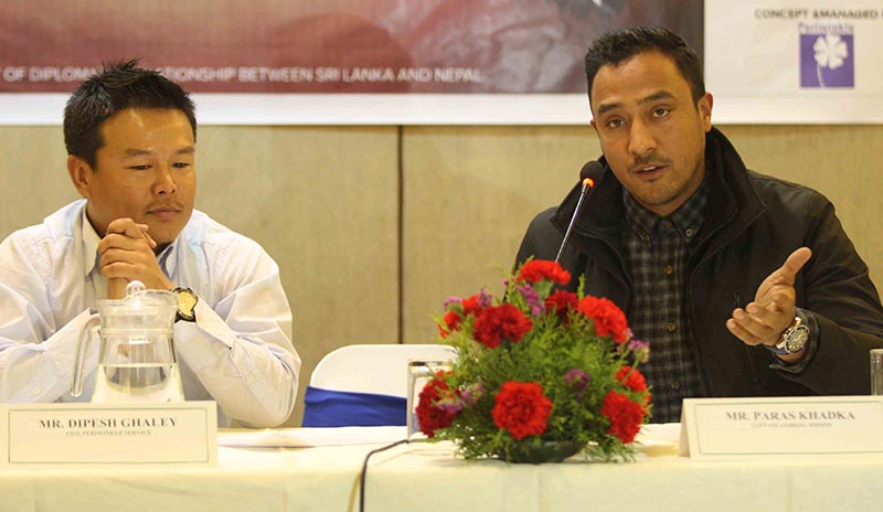 Nepal national cricket team skipper Paras Khadka speaks as Periwinkle Service Chief Executive Officer Dipesh Ghaley looks on during a press meet in Kathmandu on Wednesday, March 22, 2017. Photo: Udipt Singh Chhetry/THT