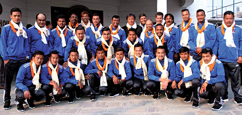 Nepal national football team players and officials pose for a photo during a farewell programme in Lalitpur on Friday, March 24, 2017. Photo: Udipt Singh Chhetry/ THT